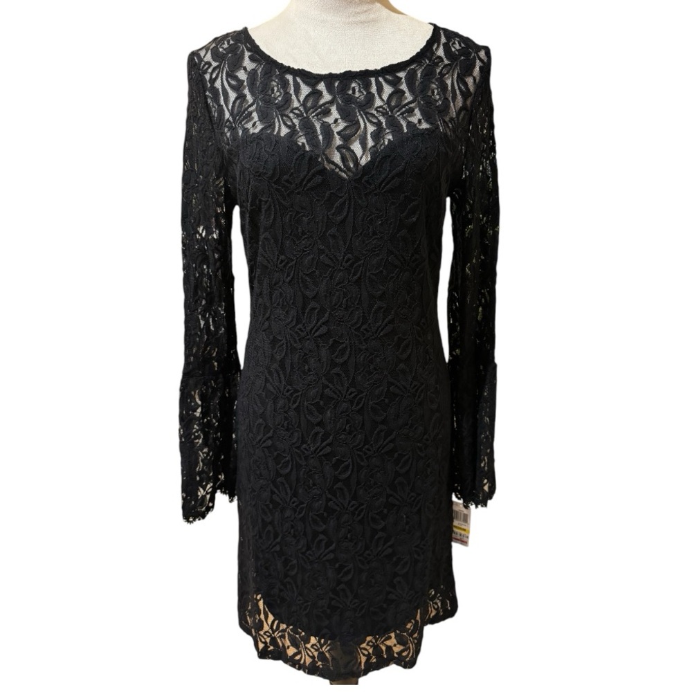 INC International Concepts Black Lace Long Sleeve Shift Dress Size Medium NWT